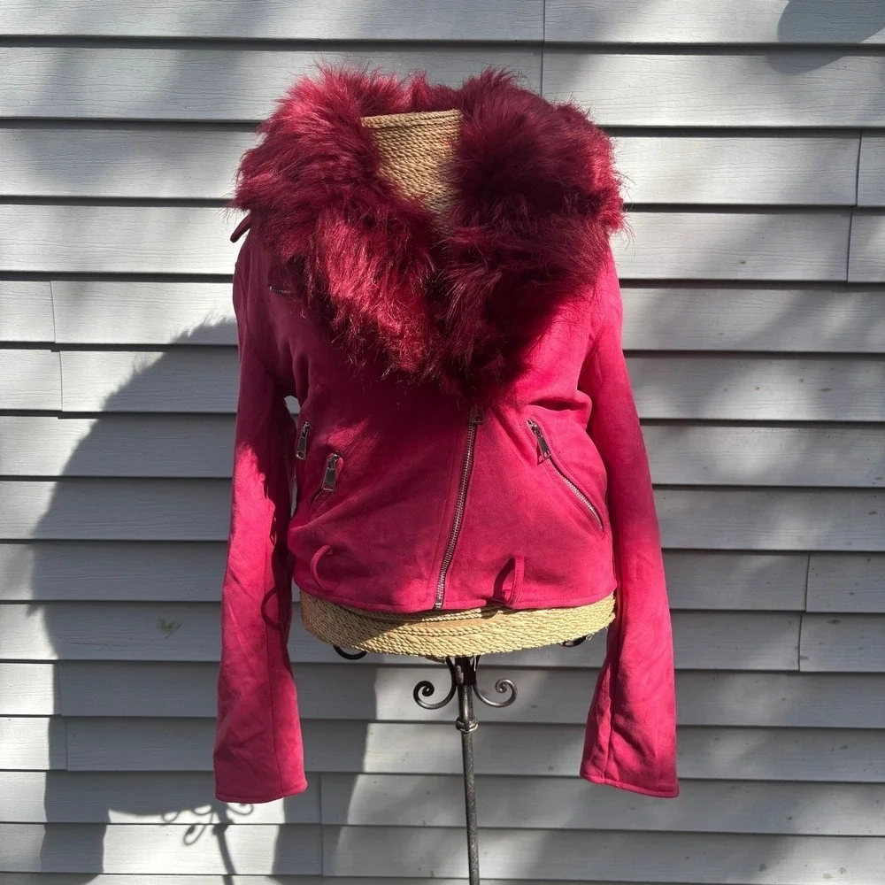 Pink Faux Suede Moto Jacket with Faux Fur Collar‎ Medium Baddy - Picture 2 of 13